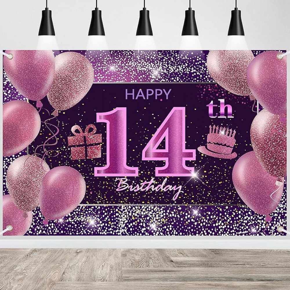 14th Birthday Decorations for Girls Happy Birthday Banner Pink Decorations for A Party Birthday Backdrop for Women